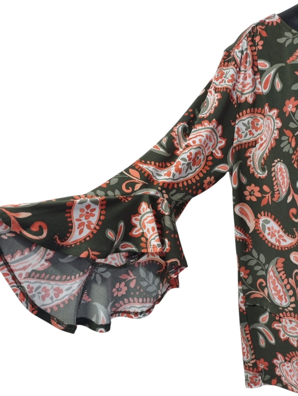 NWT Allison Daley Petites PM Green Orange Paisley V-Neck Ruffle Sleeve Blouse - Picture 4 of 8
